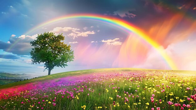L'immagine è un bellissimo paesaggio con un arcobaleno su un campo di fiori il cielo è blu e nuvoloso e il sole splende intensamente
