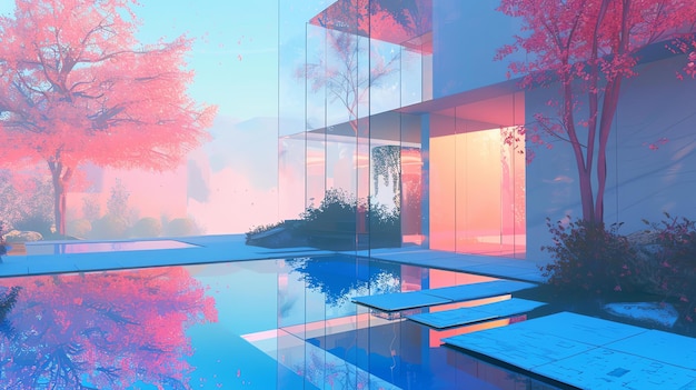 L'immagine è un bellissimo paesaggio di una casa con una piscina La casa è fatta di vetro e ha un design moderno