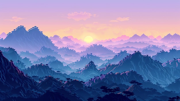 L'immagine è un bellissimo paesaggio di una catena montuosa al tramonto
