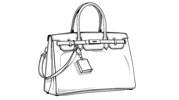 L'immagine è un disegno di una borsa. È un design semplice ed elegante con un singolo manico e una lunga cinghia per la spalla.