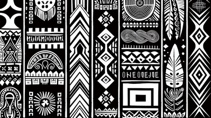 Foto l'immagine è un disegno in bianco e nero ispirato all'africa, caratterizzato da audaci forme geometriche e dettagli intricati.