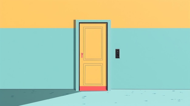 L'immagine è un'illustrazione surreale di una porta in una stanza blu e gialla La porta è gialla e ha una maniglia rosa