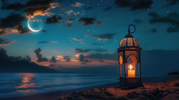 L'immagine è un poster con una bellissima lanterna su una spiaggia con una mezzaluna nel cielo