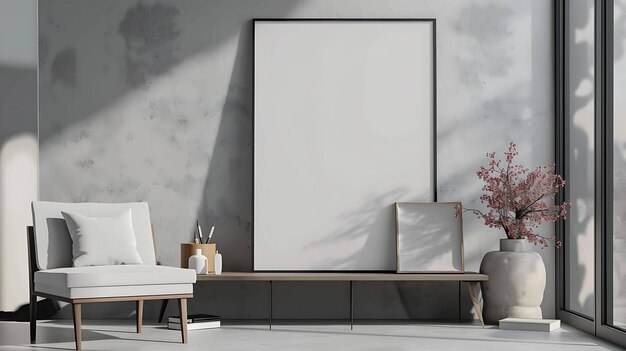 L'immagine è un rendering 3D di un soggiorno c'è un divano bianco un tavolino da caffè un vaso con una pianta in esso e una cornice sulla parete