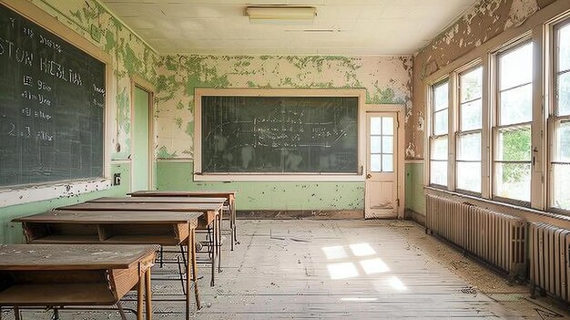 L'immagine è una foto di un'aula abbandonata. La stanza è in rovina con vernice sbucciata, finestre rotte e graffiti sulle pareti.