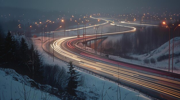 L'immagine è una fotografia a lunga esposizione di un'autostrada di notte. Le luci delle auto creano strisce di luce che si curvano e si snodano attraverso il fotogramma.