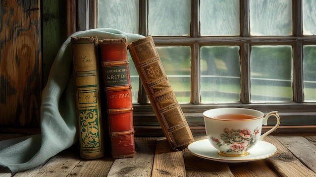 L'immagine è una natura morta di una tazza di tè su un piatto accanto a una pila di vecchi libri I libri sono posizionati su un tavolo di legno