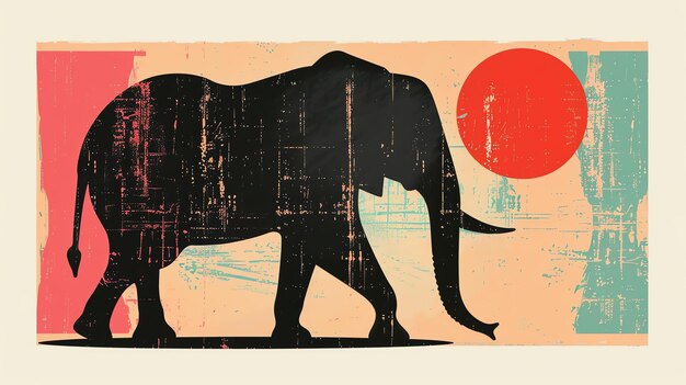 L'immagine è una silhouette di un elefante che cammina di fronte a un sole che tramonta. Lo sfondo è di colore beige texturato e l'elefante è nero.