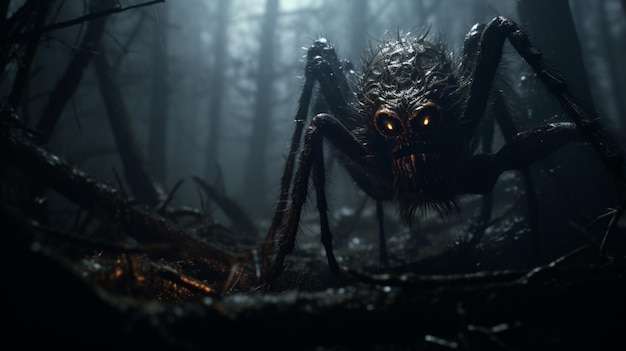 L'immagine generata dall'AI sullo sfondo notturno di un ragno spettrale della foresta oscura