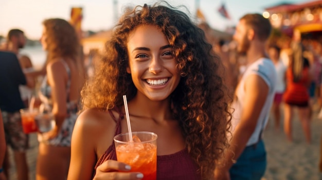 L'immagine generativa con intelligenza artificiale mostra una ragazza allegra che beve circondata da amici durante una festa in spiaggia