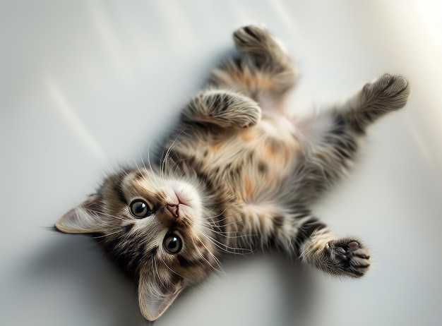 L'immagine mostra un adorabile gattino sdraiato sulla schiena che guarda la telecamera con grandi occhi luminosi.