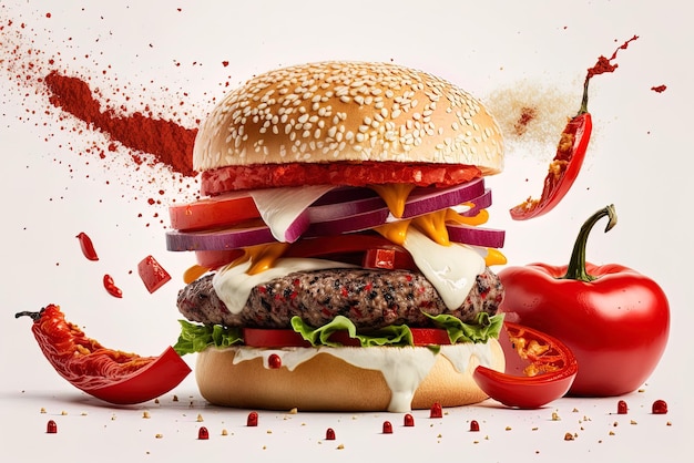 L'immagine mostra un delizioso hamburger, patatine fritte e un peperoncino rosso in primo piano