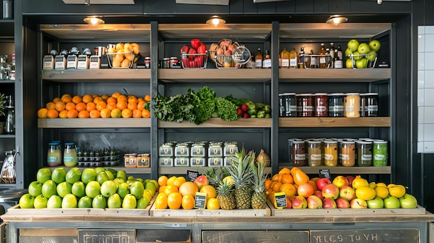 L'immagine mostra un negozio di alimentari con una varietà di frutta e verdura sugli scaffali e nei cesti