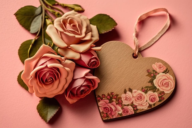 L'immagine mostra un primo piano di rose rosa e un'etichetta a forma di cuore in legno con una scritta vuota su uno sfondo rosa