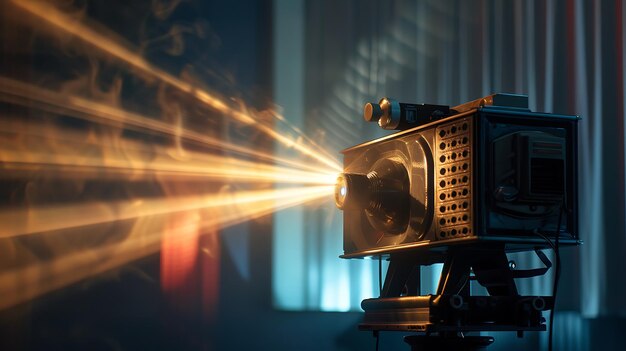 L'immagine mostra un vecchio proiettore cinematografico. È nero e ha un'obiettivo rotondo. Il proiettatore sta proiettando un film su una parete.