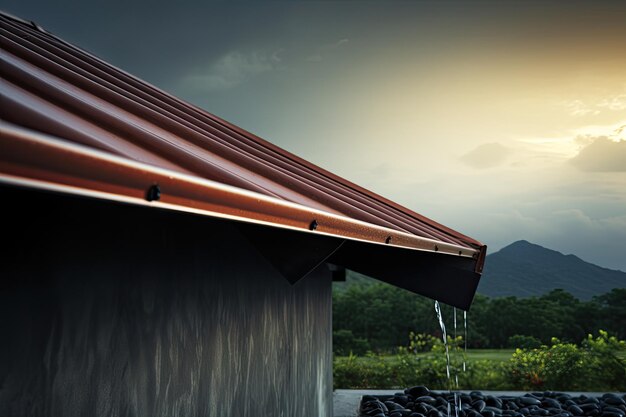 L'immagine mostra una gronda di pioggia fatta di metallo marrone sul tetto di una casa sullo sfondo di un dar