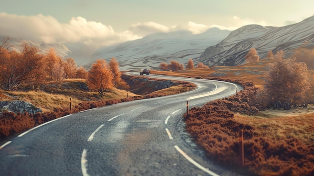 L'immagine mostra una strada tortuosa attraverso una valle la strada è circondata da montagne e foreste e il cielo è nuvoloso