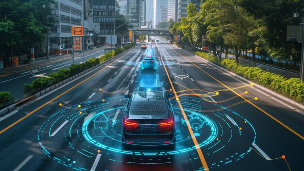 L'immagine qui sotto mostra un'auto intelligente con un HUD e un veicolo autonomo in modalità di guida autonoma su una strada della città metropolitana