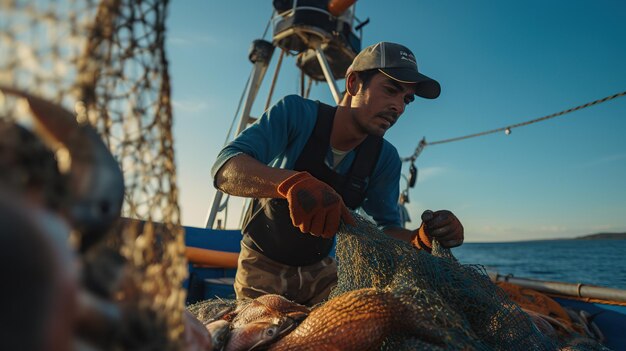 L'immagine raffigura un pescatore impegnato in pratiche di pesca sostenibile che evidenzia
