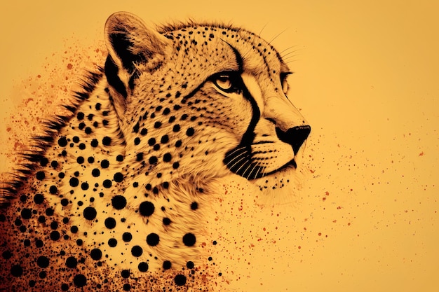 L'immagine ravvicinata del ghepardo ha un aspetto sorprendente e di colore giallastro e sfondo giallo