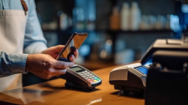 L'immagine ritagliata in primo piano mostra un uomo che paga in un bar utilizzando un epayment sicuro per smartphone e l'intelligenza artificiale generativa