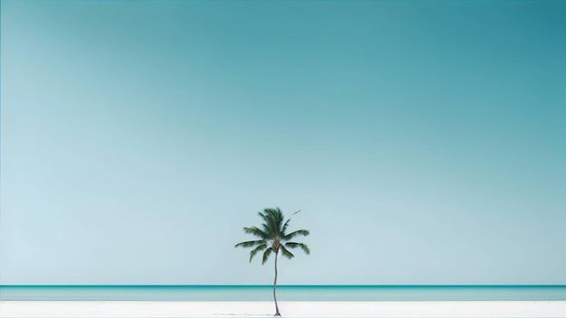 L'immagine ritrae una spiaggia serena con una palma solitaria alta generata ai