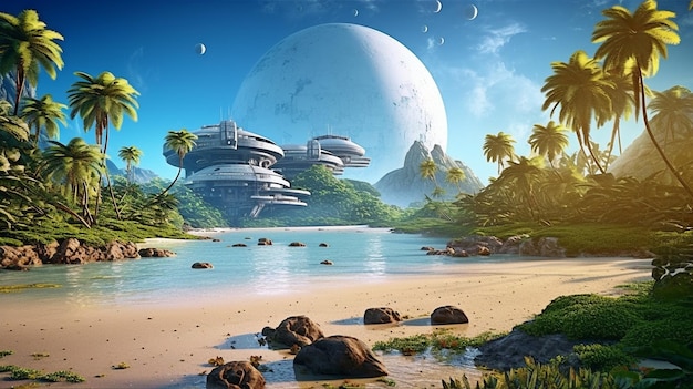 L'Impero di base imperiale su un lussureggiante pianeta tropicale con spiagge e dintorni colorati è servito da ispirazione per le future immagini domestiche GENERATE AI