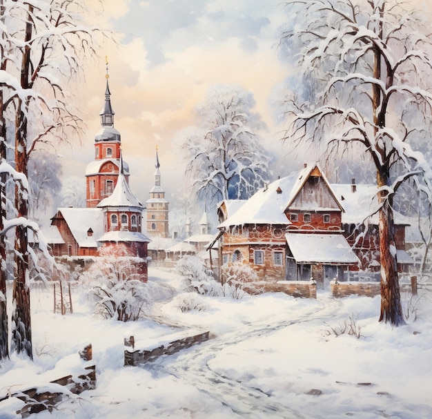 L'incantesimo del crepuscolo su una piazza nevosa di un villaggio Un ritratto in stile Jon J Muth