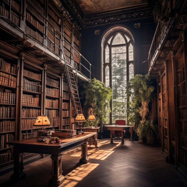 L'incantevole rifugio Una biblioteca senza tempo in mezzo a un imponente muro di libri e sullo sfondo sereno di Ma