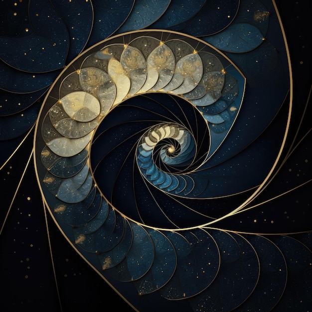 L'incantevole spirale di Fibonacci celeste perfetta di mezzanotte con riflessi in oro nero opaco e lucido