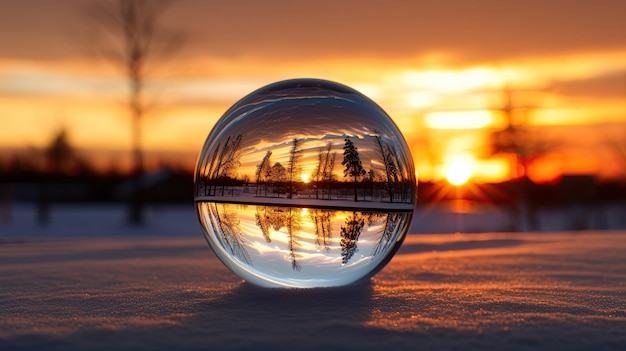L'incanto dell'inverno abbraccia il tramonto d'oro attraverso una lente di cristallo in una serenità innevata dall'IA generativa