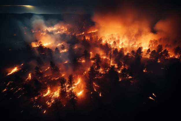 L'incendio notturno brucia i pini nella foresta AI generativa