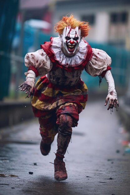 L'incubo del carnevale del clown Zombie che corre verso lo spettatore in una scena orribile