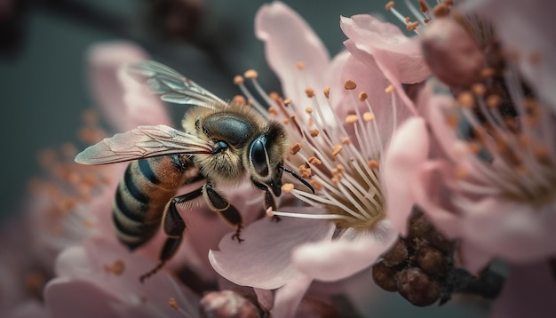 L'indaffarata ape mellifera impollina la bellezza di un singolo fiore generata dall'intelligenza artificiale