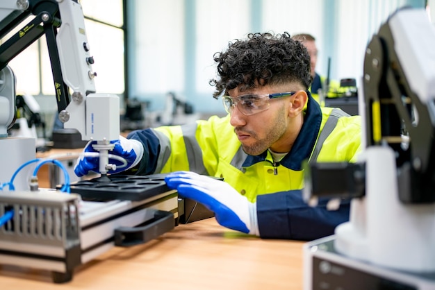 L'ingegnere controlla e controlla la macchina dei bracci robotici di automazione in una fabbrica industriale intelligente sulla robotica del software di sistema di monitoraggio in tempo reale e sulle operazioni di produzione digitale