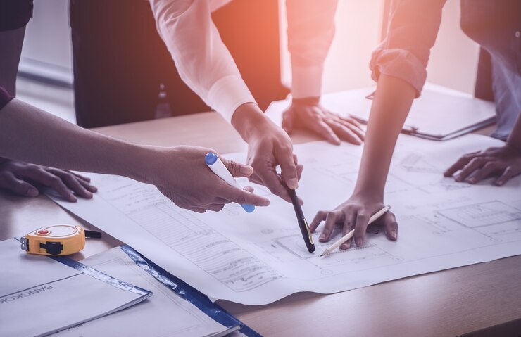 L'ingegnere e l'architetto del team di costruzione stanno facendo brainstorming sul tavolo di lavoro con il piano di costruzione