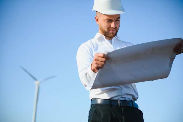 L'ingegnere energetico sta lavorando con le turbine eoliche.