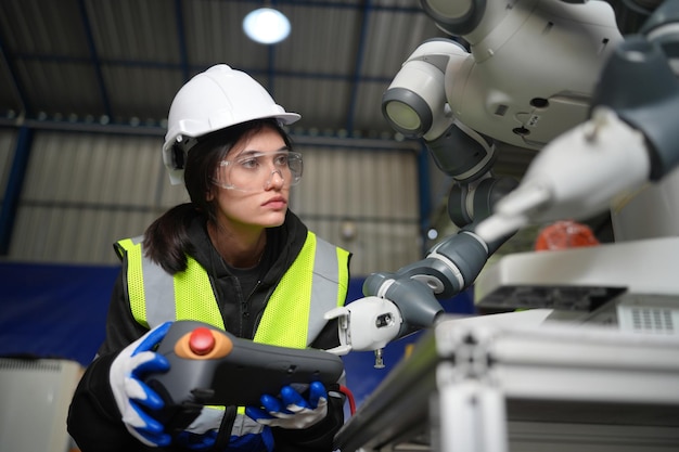 L'ingegnere femminile controlla e controlla la macchina dei bracci robotici di automazione in una fabbrica industriale intelligente sulla robotica del software di sistema di monitoraggio in tempo reale e sulle operazioni di produzione digitale