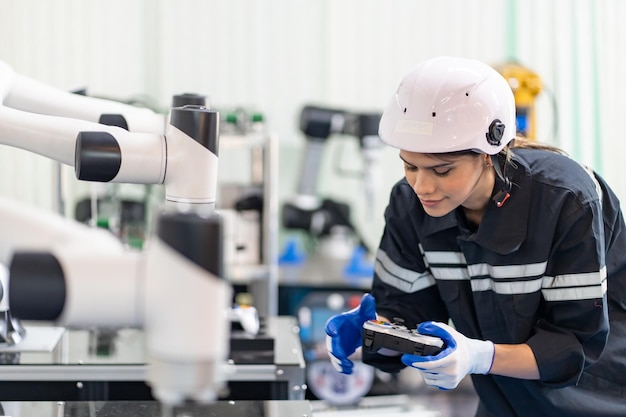 L'ingegnere femminile controlla e controlla la macchina dei bracci robotici di automazione in una fabbrica industriale intelligente sulla robotica del software di sistema di monitoraggio in tempo reale e sulle operazioni di produzione digitale