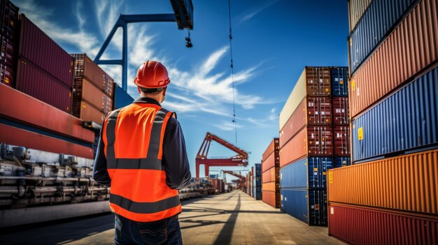 L'ingegnere ispeziona il carico presso il cantiere logistico globale dei container
