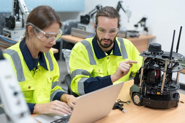 L'ingegnere maschio e femmina utilizza un programma di codifica per computer portatile per controllare il robot AI nell'accademia robotica