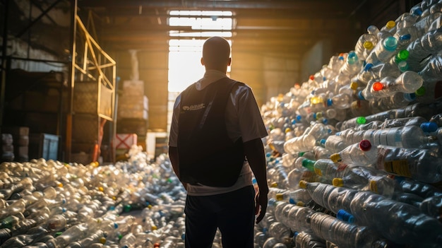 L'ingegnere si alza e guarda indietro Bottiglie di plastica nel settore del riciclaggio