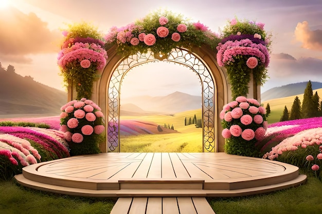 L'ingresso al giardino con fiori e un posto per il tuo testo.