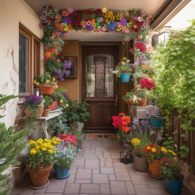 L'ingresso decorato con fiori estivi e mattoni