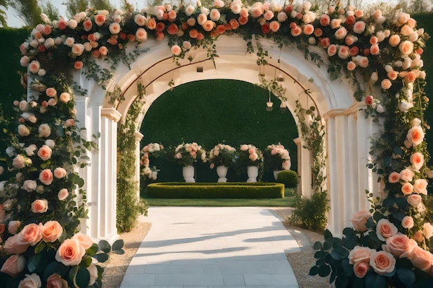 L'ingresso della villa è decorato con rose e rose.