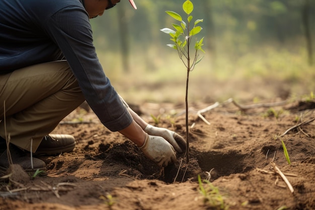 L'inizio di un nuovo ecosistema Una persona che pianta un albero in un'area disboscata