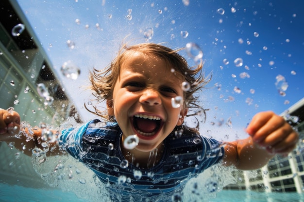 L'innocenza e la curiosità di un ragazzino mentre esplora il mondo sottomarino di una piscina.