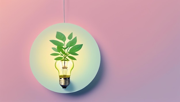 L'innovativa pianta in armonia e la lampadina convergono creativamente su uno sfondo rosa pastello A Minimali