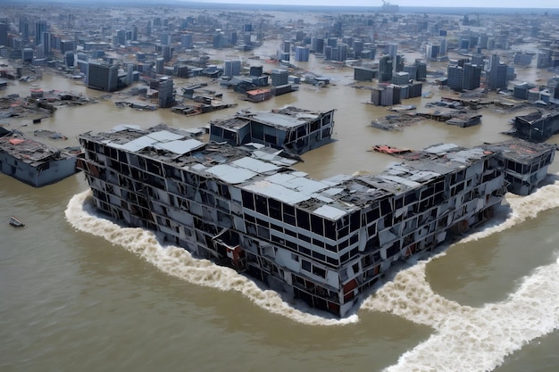 L'inondazione dell'onda dello tsunami distrugge la città che costruisce l'arte generativa dell'IA