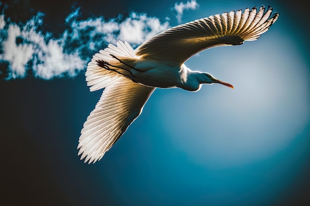 L'inquadratura di un uccello bianco con un grande becco che si libra nel cielo è stupefacente